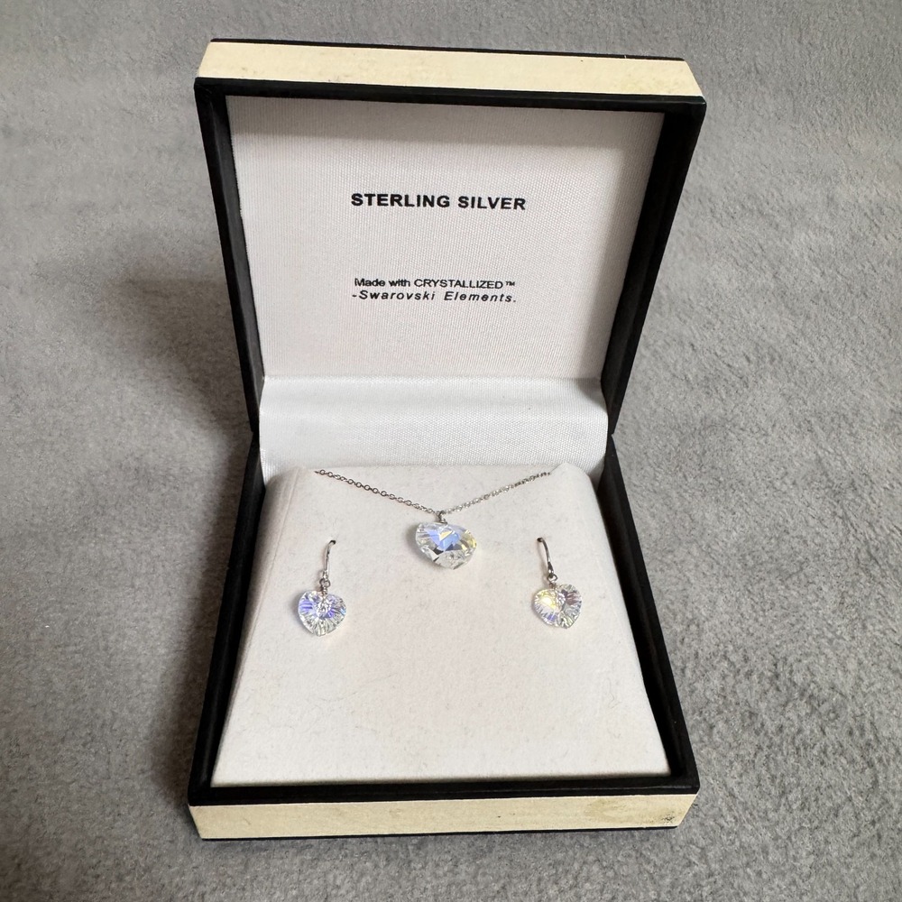 925 Crystal Heart Necklace Earrings Set AB Rivoli Made‎ with Swarovski Elements